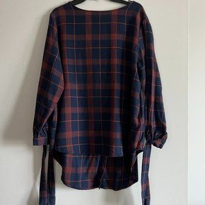 Designers Society - Plaid Asymmetrical Blouse with Tie Sleeves - M